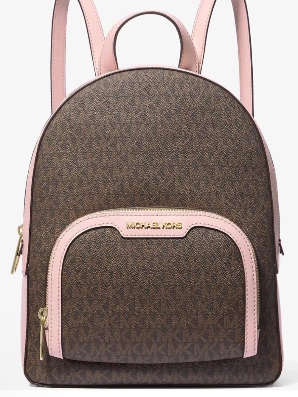NWT Michael Kors Brown Logo Backpack with Powder Blush Pink Trim